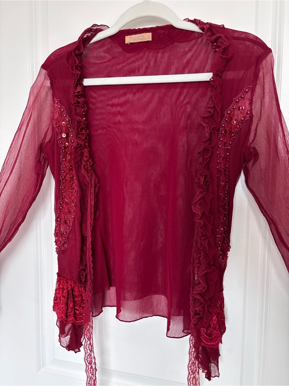 Vintage J2D 75% Silk Burgundy Beaded Ruffle Tie Front Blouse Fairycore Y2K S - Picture 6 of 11